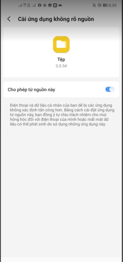 Cho phép cài đặt ứng dụng từ không rõ nguôn