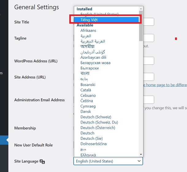 Hướng dẫn nhanh thay đổi ngôn ngữ Tiếng Việt trong WordPress