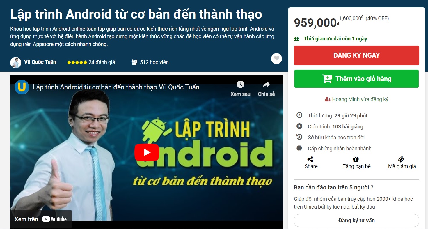 Khóa học lập trình Android từ cơ bản đến thành thạo – Giảm ngay 40%